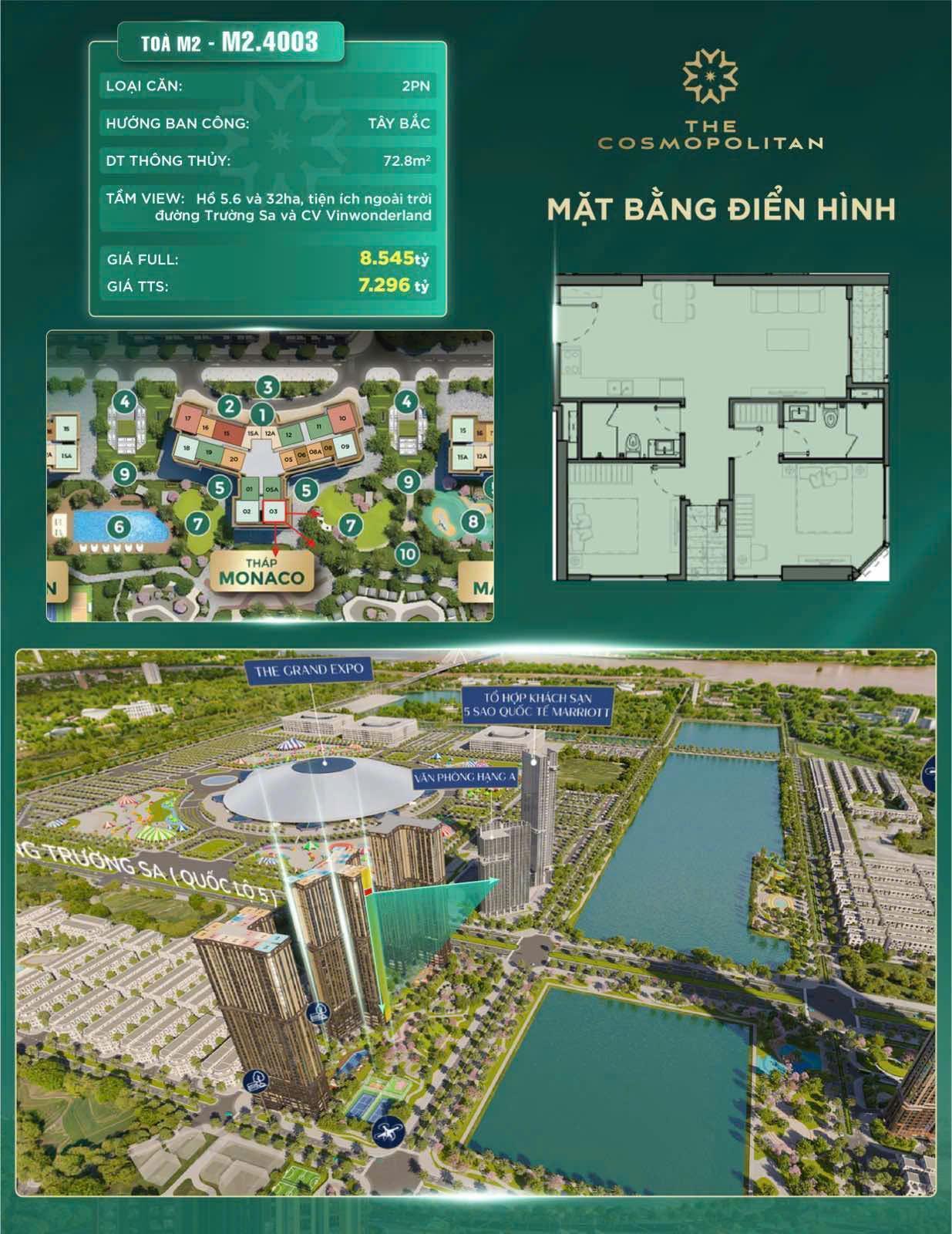 Căn hộ chung cư 2 ngủ, diện tích 72.8m2 tại chung cư The Cosmopolitan, vinhomes Cổ loa, đông anh, hà nội.
2PN – 72.8m² – Tầng cao thoáng mát
View hồ 5.6ha, 32ha, công viên VinWonders & trục đường Trường Sa