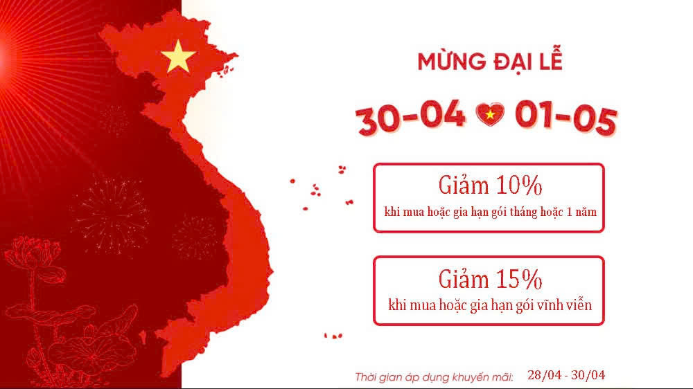 Mừng đại lễ 30/4 – 1/5 bên e có chương trình khuyến mãi cho quý khách hàng các gói gia hạn và cài mới