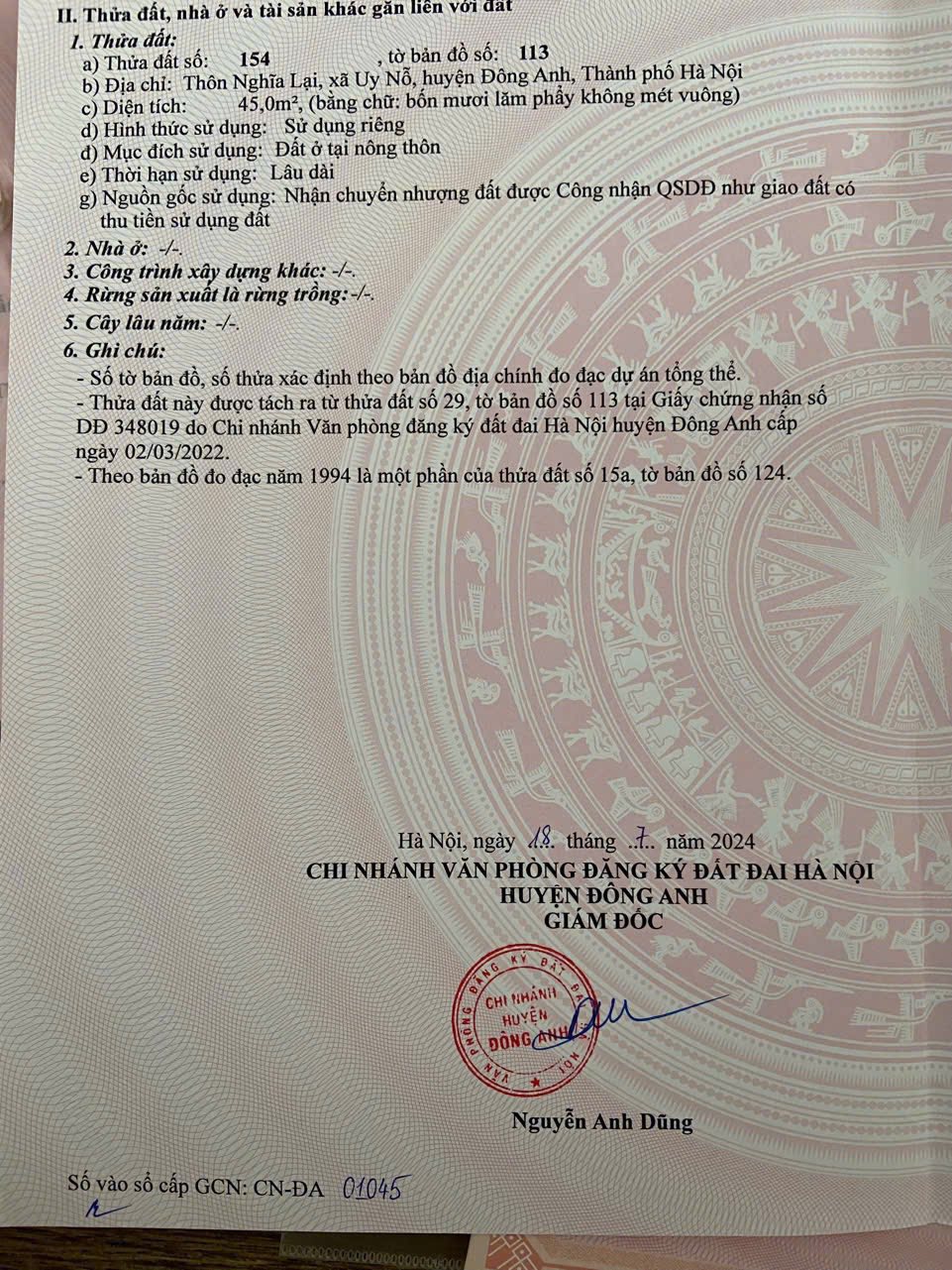 ĐẤT NGHĨA LẠI UY NỖ ĐÔNG ANH dt 45m vừa xinh