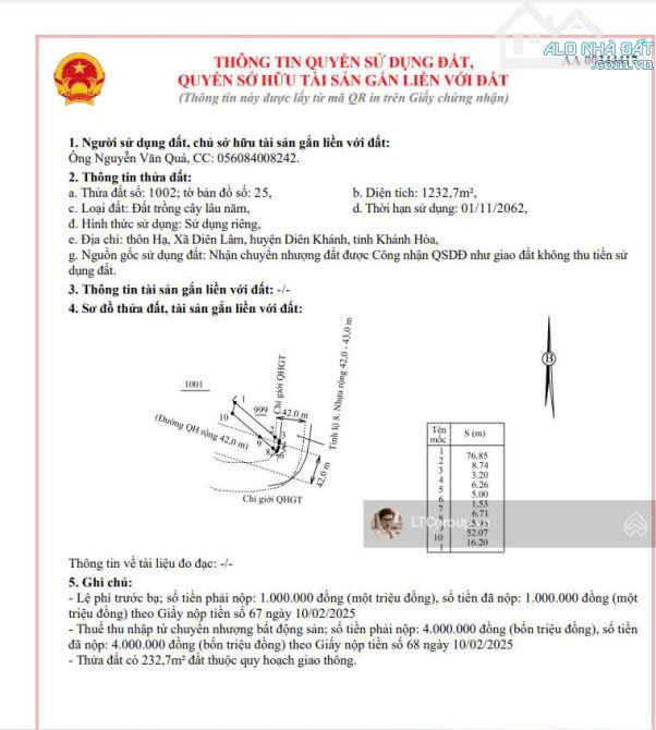 BÁN ĐẤT VƯỜN, DIÊN LÂM, DIÊN KHÁNH, MT TỈNH LỘ 8, 1232M2, GIÁ DƯỚI 2 TỶ