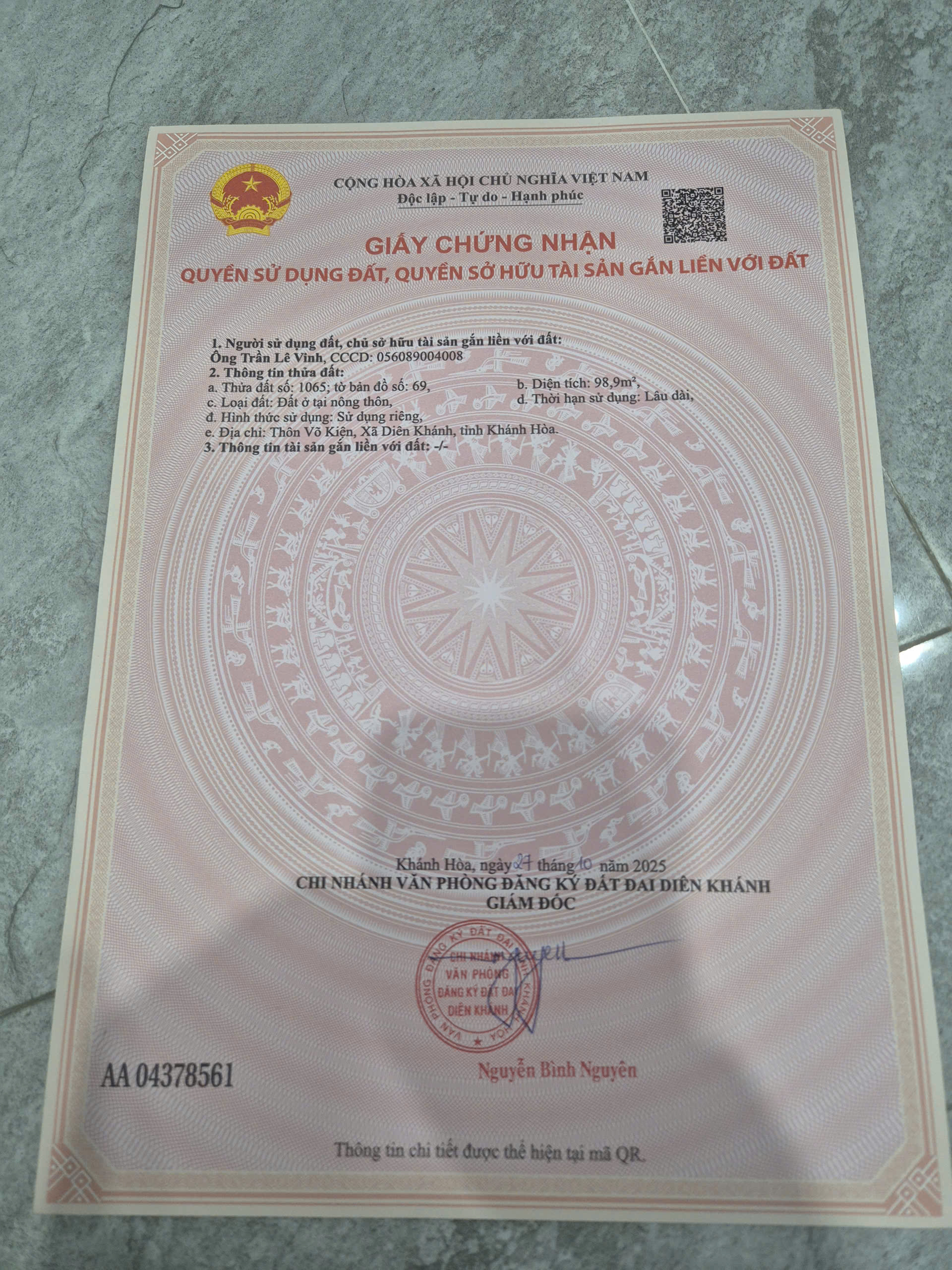 Bán đất diên an, diên khánh, 98,9m2, giá dưới 2 tỷ, đường ô tô, tây trứ trạch