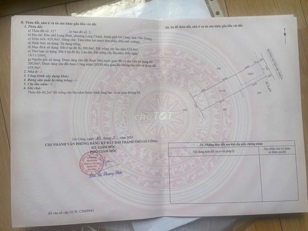 Bán đất Long Chánh – Gò Công – Diện tích 828,9m có 200 thổ cư – Hạ giá bán gấp 2,4tỳ