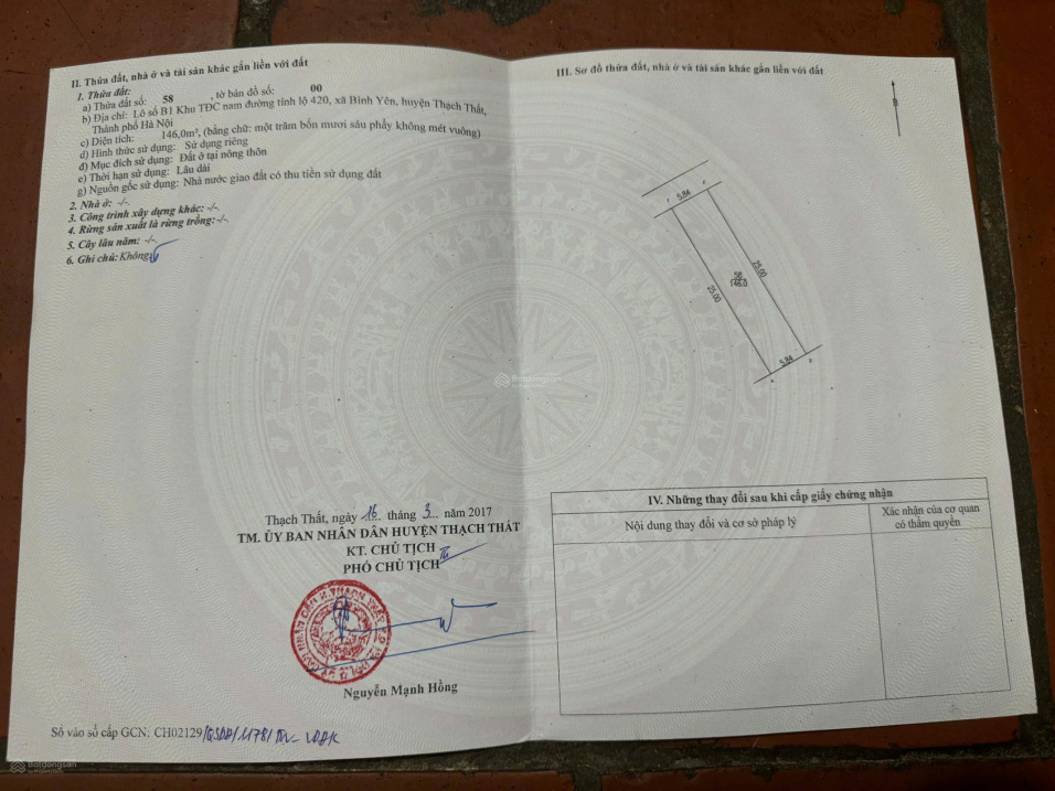 BÁN ĐẤT 146M2 NHỈNH 3,3 TỶ BÌNH YÊN, THẠCH THẤT, PHÙ HỢP MỌI MỤC ĐÍCH VÙA Ở VÙA ĐẦU TU KINH DOANH