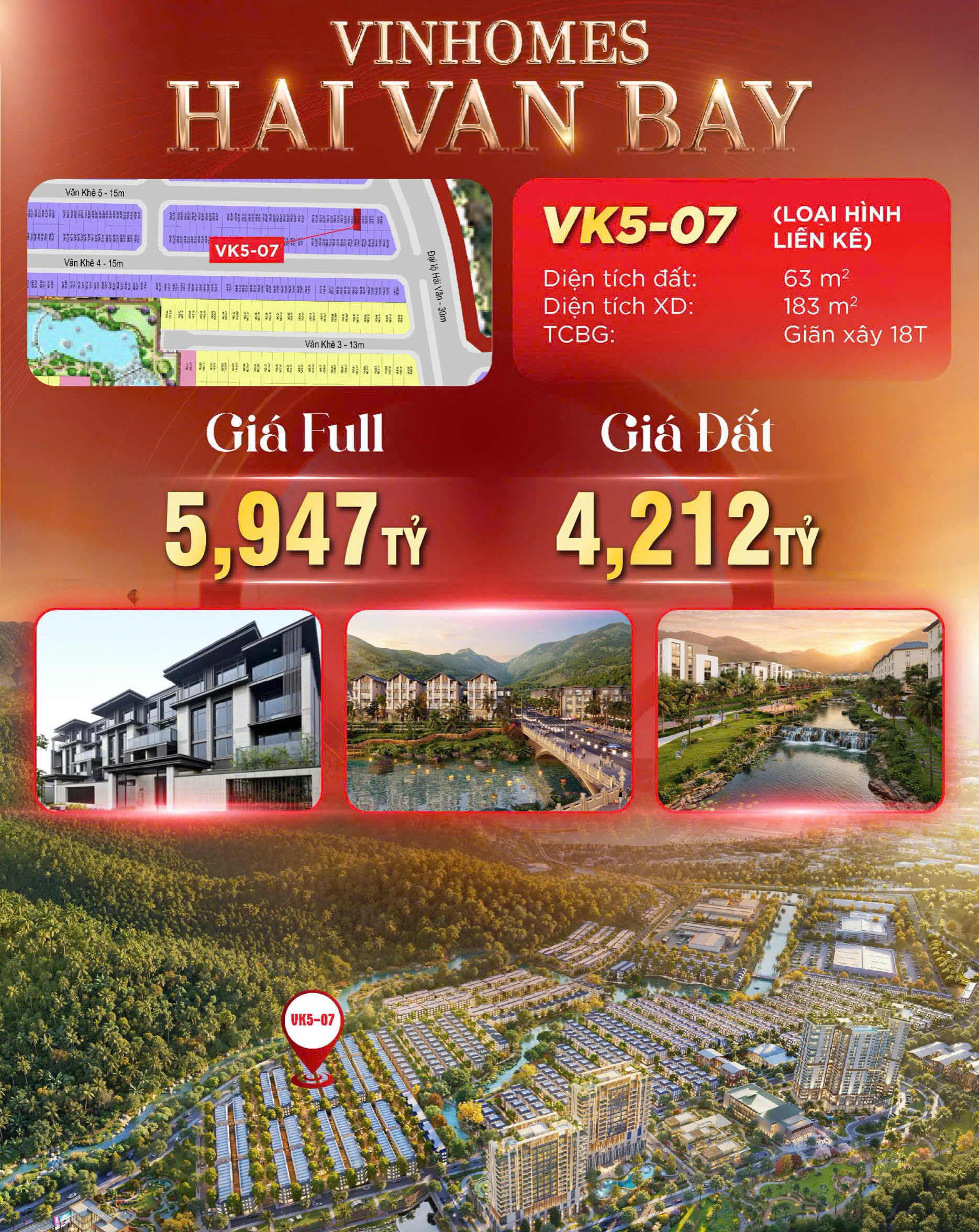 BÁN BIỆT THỰ LIỀN KỀ 63M2 GẦN BIỂN TẠI DỰ ÁN VINHOMES HẢI VÂN BAY CỦA CĐT GROUP