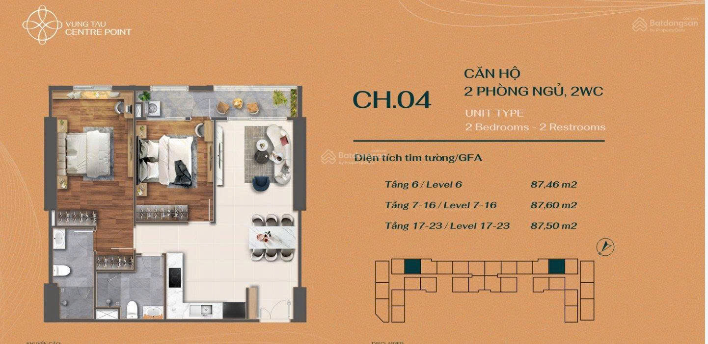 Bán căn hộ 2PN, 2WC – 87 m2 View đông nam – full nội thất , giá 4,75 tỷ, – Vung Tau Centre